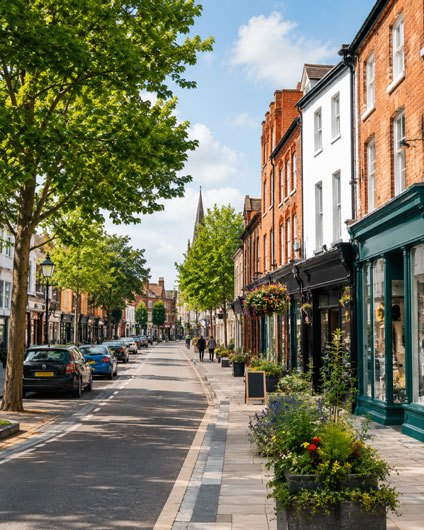 UK high street with local shops and trees