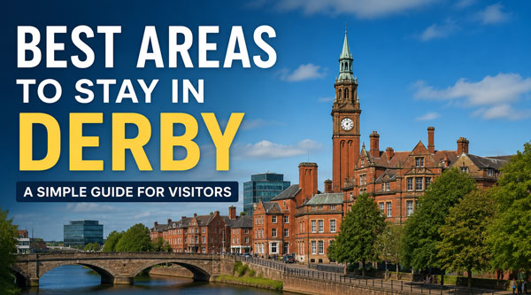 Derby city street, river, historic buildings, local neighbourhood feel