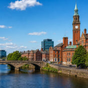 Derby city view with river, bridge and historic buildings