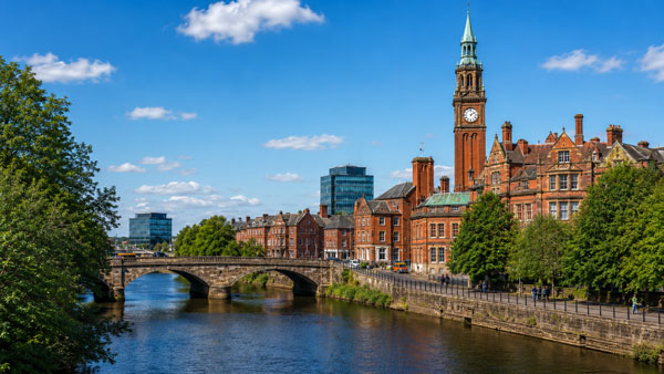 Derby city view with river, bridge and historic buildings